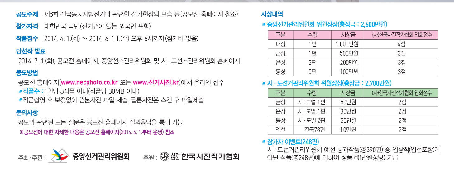 공모주제(제6회 전국동시지방선거와 관련한 선거현장의 모습 등-공모전 홈페이지 참조), 참가자격(대한민국 국민-선거권이 있는 외국인 포함), 작품접수(2014년4월1일 화요일부터 6월11일 수요일 6시까지-참가비 없음), 당선작 발표(2014년 7월 화요일 공모전 홈페이지(www.necphoto.co.kr 또는 www.선거사진.kr), 중앙선거관리위원회 및 시도선거관리위원회 홈페이지), 응모방법(공모전 홈페이지에서 온라인 접수, 작품수(1인당 3작품 이내-작품당 30MB 이내, 작품촬영 후 보정없이 원본사진 파일제출, 필름사진은 스캔 후 파일 제출), 문의사항(공모와 관련된 모든 질문은 공모전 홈페이지 질의응답을 통해 가능. 시상내역은 아래 내용 참조.