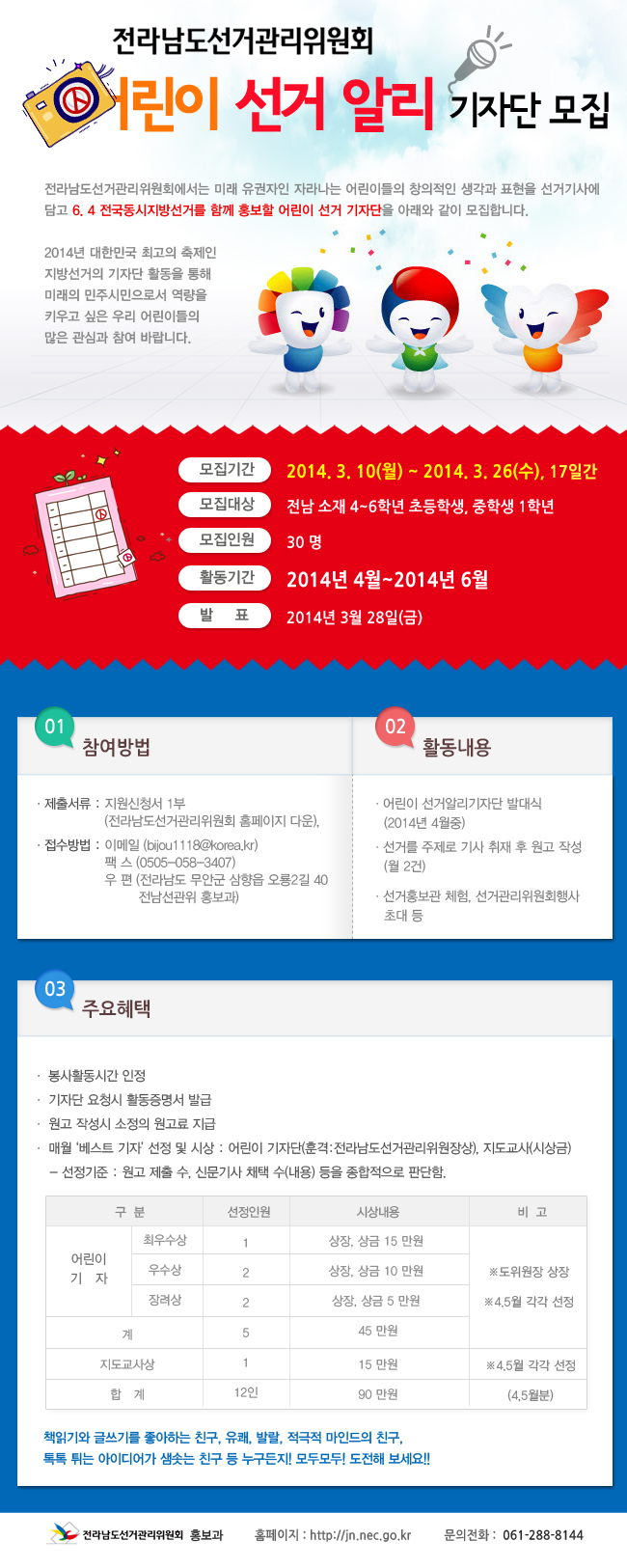 전라남도선거관리위원회 어린이 선거 알리 기자단 모집. 전라남도선거관리위원회에서는 미래 유권자인 자라나는 어린이들의 창의적인 생각과 표현을 선거기사에 담고 6.6 전국동시지방선거를 함께 홍보할 어린이 선거 기자단을 아래와 같이 모집합니다. 2014년 대한민국 최고의 축제인 지방선거의 기자단 활동을 통해 미래의 민주시민으로서 역량을 키우고 싶은 우리 어린이들의 많은 관심과 참여바랍니다.