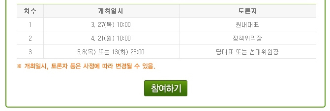 차수1. 개최일시(3월27일 목요일 10시), 토론자(연내대표). 차수2. 개최일시(4월21일 월요일 10시), 토론자(정책위의장), 차수3. 개최일시(5월8일 목요일 또는 13일 화요일 23시), 토론자(당대표 또는 선대위원장). 개최일시, 토론자 등은 사정에 따라 변경될 수 있음. 참여하기