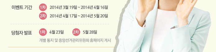 이벤트 기간. 1차(2014년3월19일~2014년4월16일), 2차(2014년4월17일~2014년5월20일). 당첨자 발표. 1차(4월23일), 2차(5월28일). 개별 통지 및 중앙선거관리위원회 홈페이지 게시
